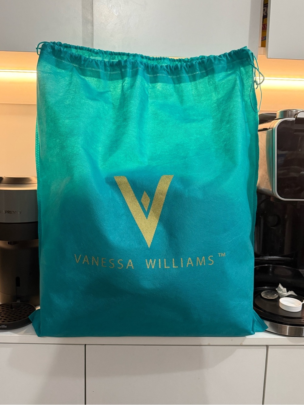 Vanessa Williams Teal Drawstring Dust Bag with Gold Logo